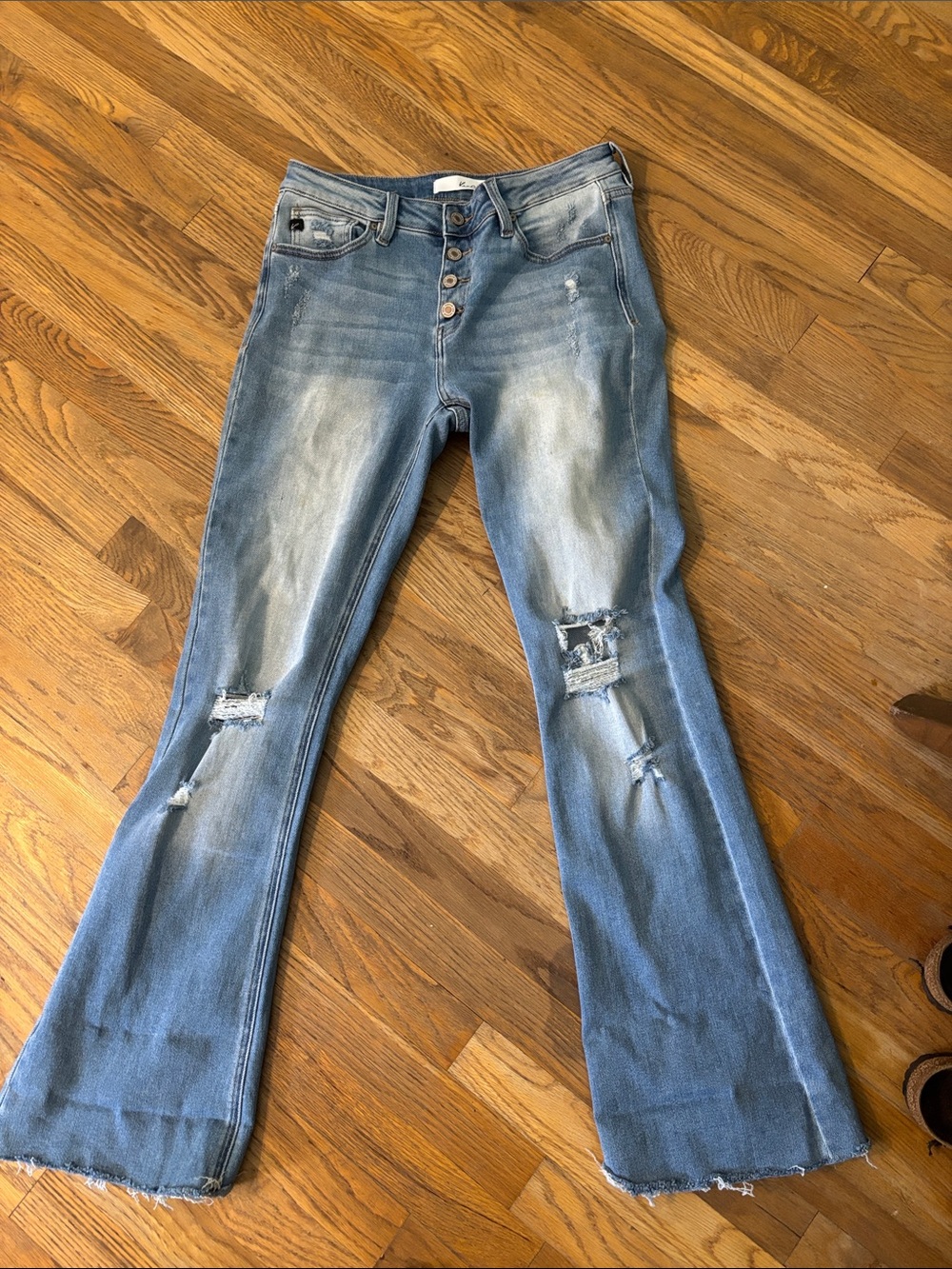 Light Blue Distressed Button-Fly Flare Jeans